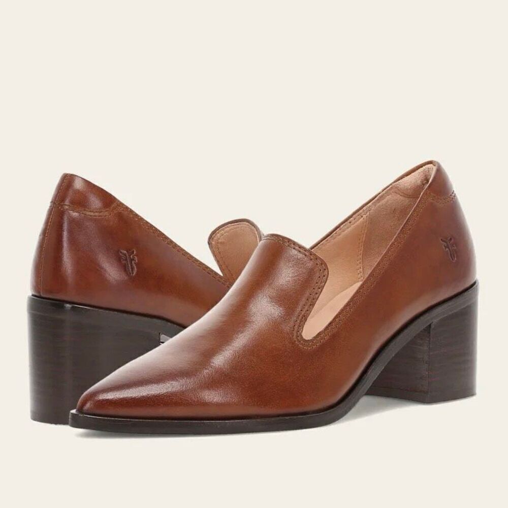 NWT Frye Pointed Toe Leather Sadie Venetian Block Heel Loafers Cinnamon Sz 11M
